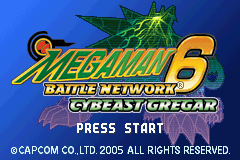Mega Man Battle Network 6: Cybeast Gregar title screen for GameBoy Advance